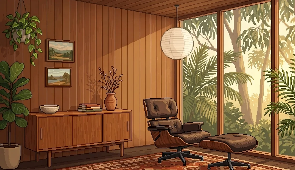 Hyggelig stue med Eames-stol, papirlampe og store vinduer ud til frodig natur