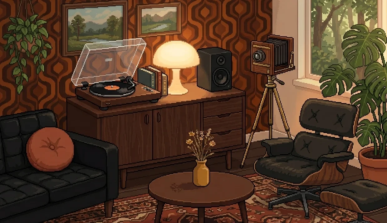 70'er stue med pladespiller, mushroom-lampe, gammelt kamera og Eames-stol